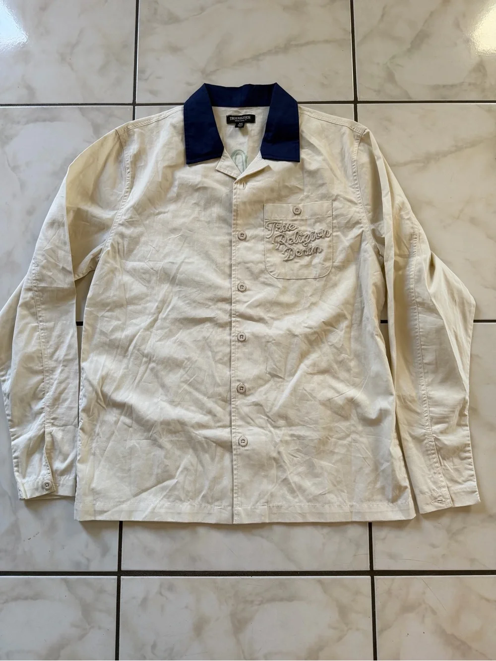 True Religion Cream Button-Down Shirt with Navy Contrast Collar